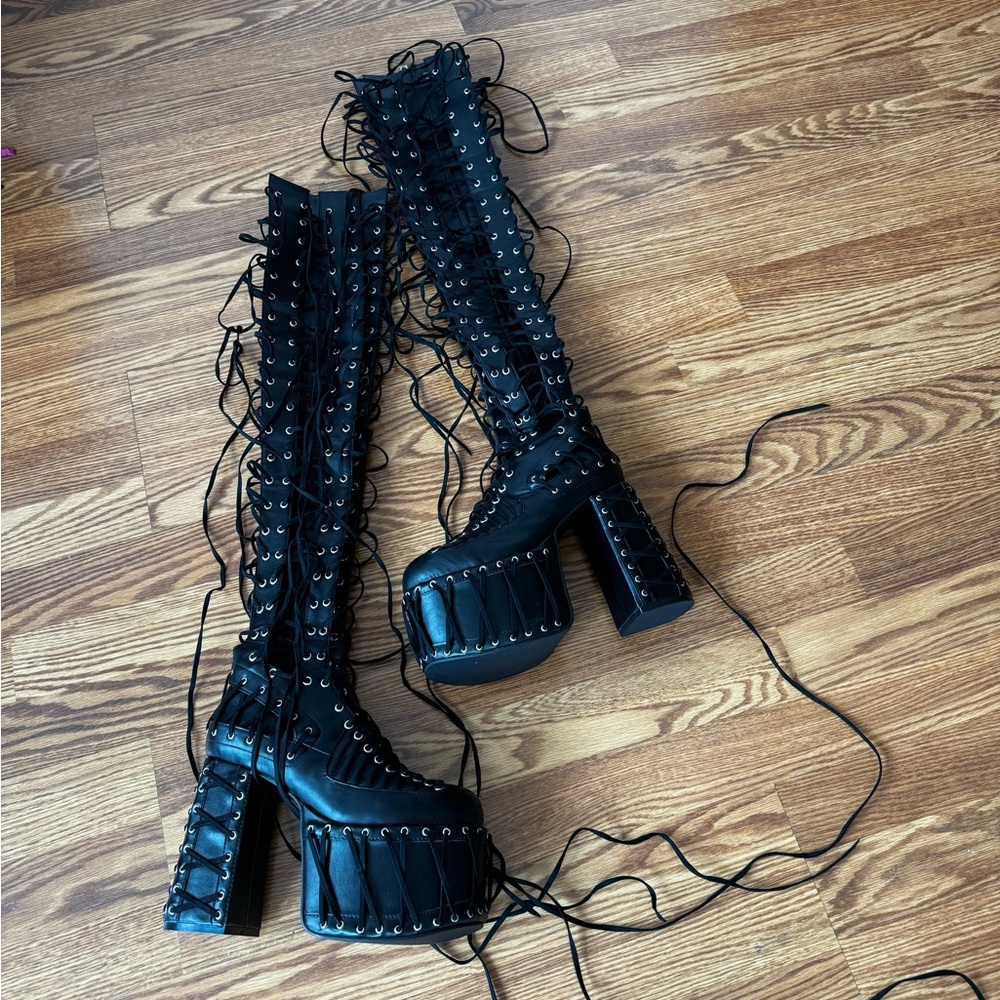 Dolls Kill Club Exx Rude Awakening Thigh High Boots … Gem